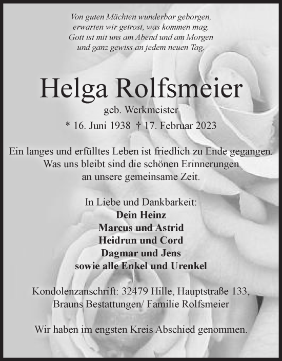 Anzeige von Helga Rolfsmeier von Mindener Tageblatt