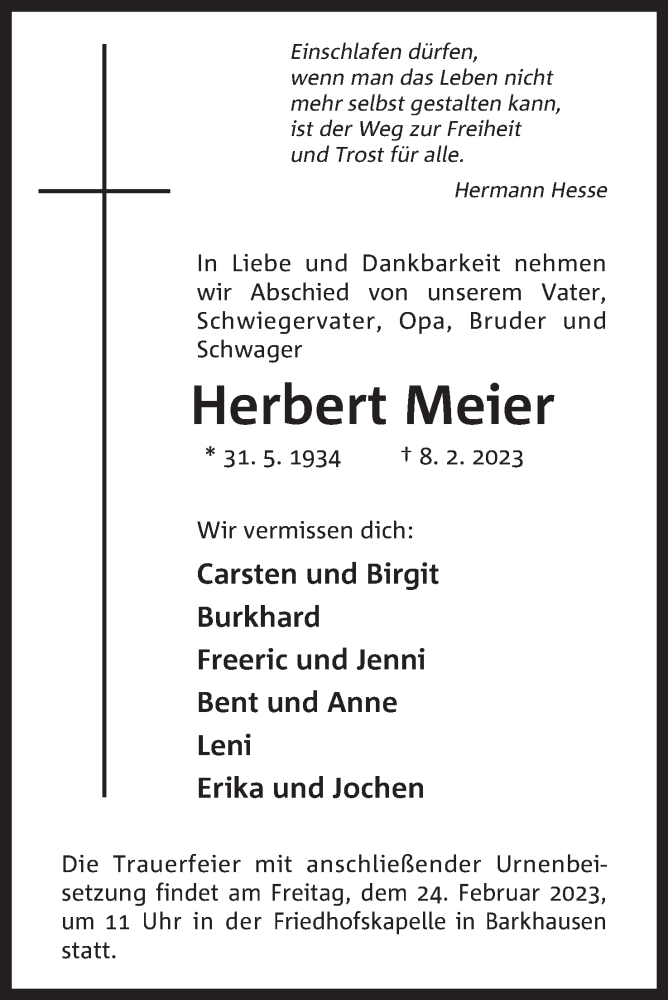  Traueranzeige für Herbert Meier vom 18.02.2023 aus Mindener Tageblatt