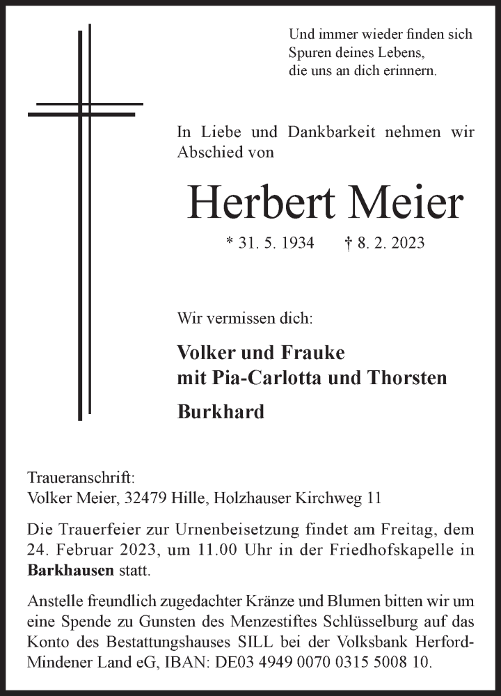  Traueranzeige für Herbert Meier vom 18.02.2023 aus Mindener Tageblatt