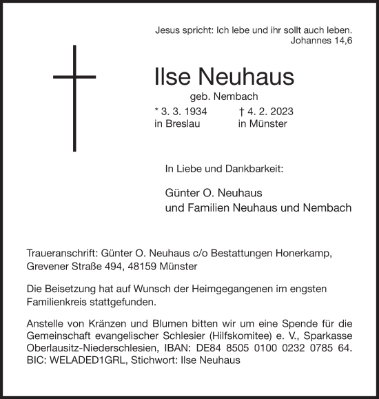 Anzeige von Ilse Neuhaus von Mindener Tageblatt
