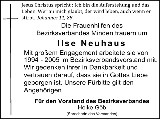 Anzeige von Ilse Neuhaus von Mindener Tageblatt