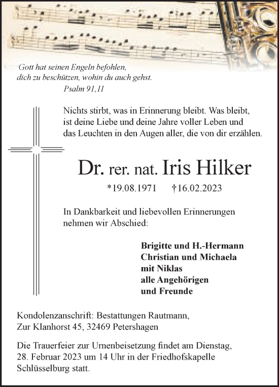 Anzeige von Iris Hilker von Mindener Tageblatt