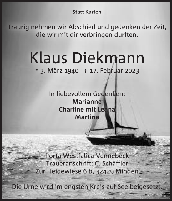 Anzeige von Klaus Diekmann von Mindener Tageblatt
