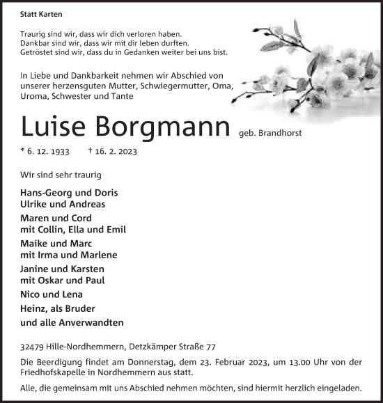 Anzeige von Luise Borgmann von Mindener Tageblatt