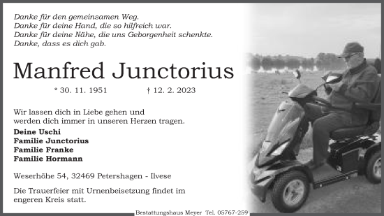Anzeige von Manfred Junctorius von Mindener Tageblatt