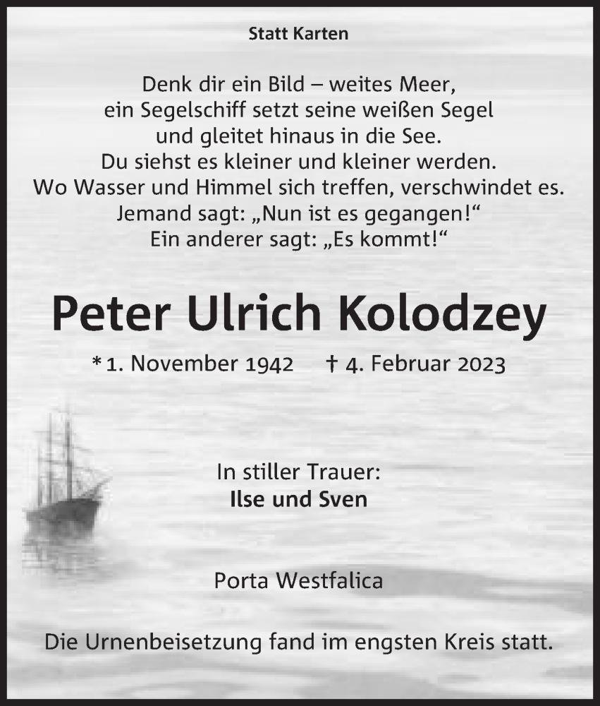  Traueranzeige für Peter Ulrich Kolodzey vom 18.02.2023 aus Mindener Tageblatt