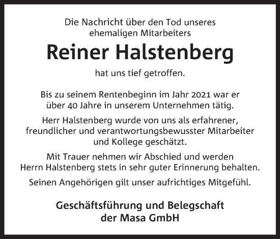 Anzeige von Reiner Halstenberg von Mindener Tageblatt