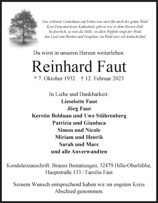 Anzeige von Reinhard Faut von Minden