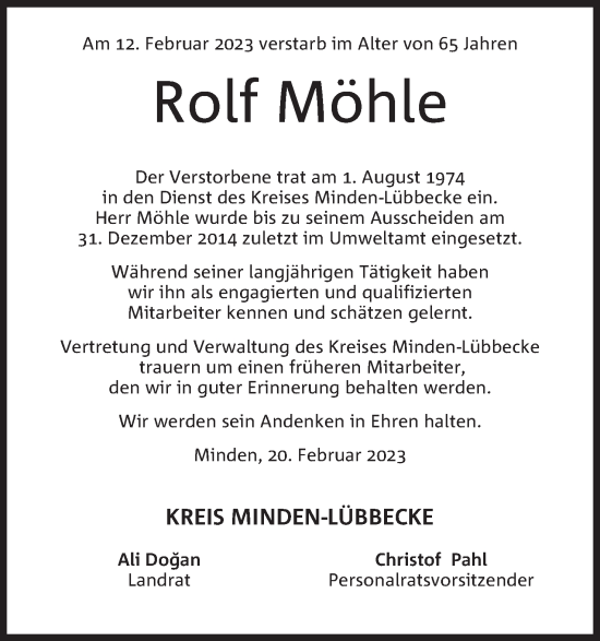 Anzeige von Rolf Möhle von Mindener Tageblatt