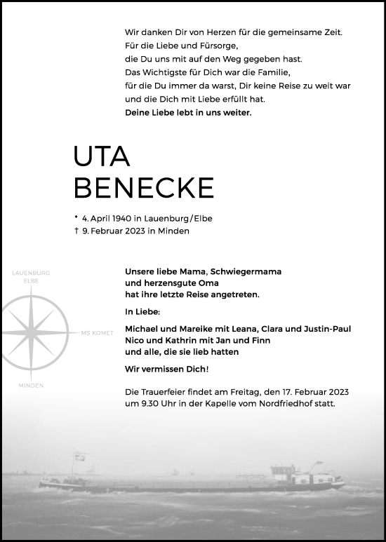 Anzeige von Uta Benecke von Mindener Tageblatt