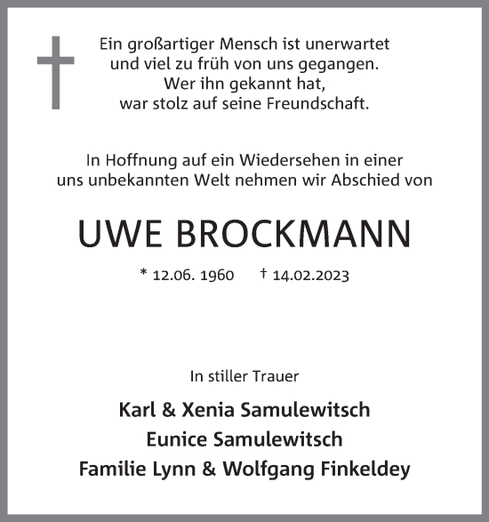 Anzeige von Uwe Brockmann von Mindener Tageblatt