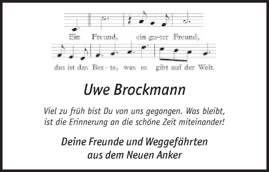 Anzeige von Uwe Brockmann von Mindener Tageblatt