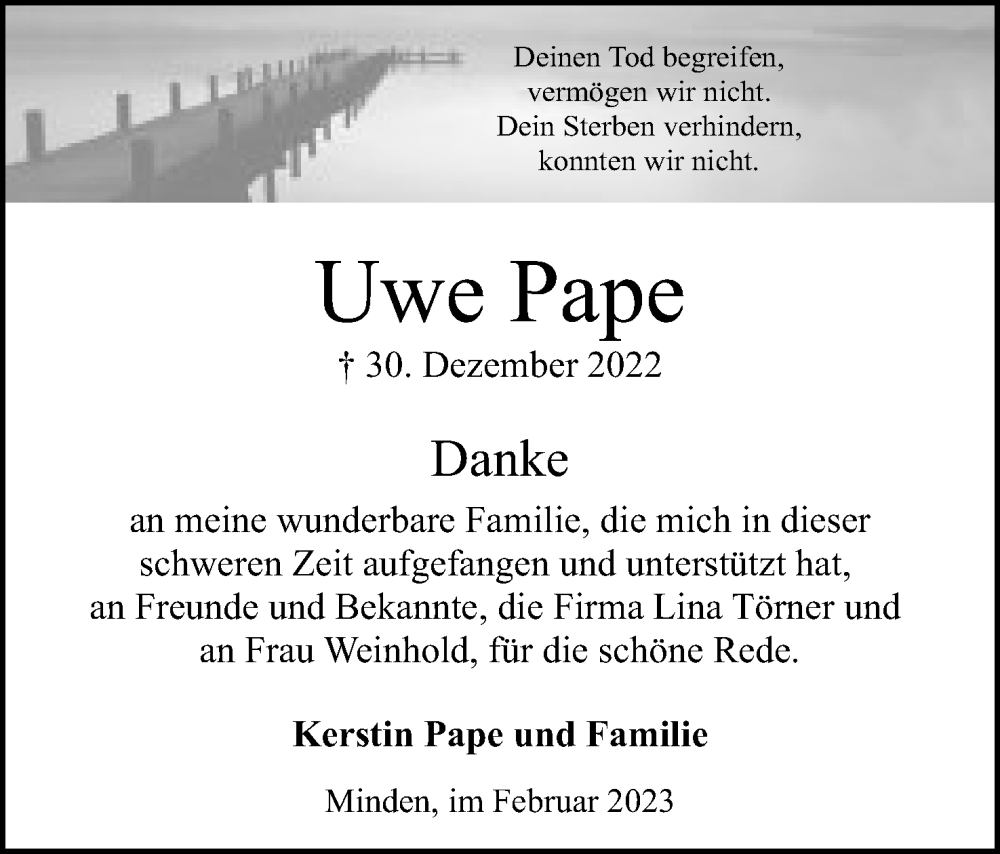  Traueranzeige für Uwe Pape vom 11.02.2023 aus Mindener Tageblatt
