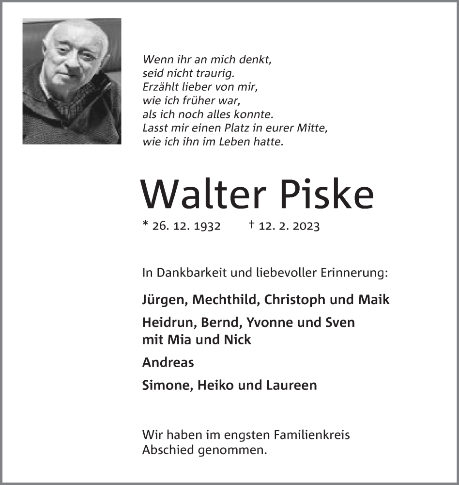  Traueranzeige für Walter Piske vom 25.02.2023 aus Mindener Tageblatt