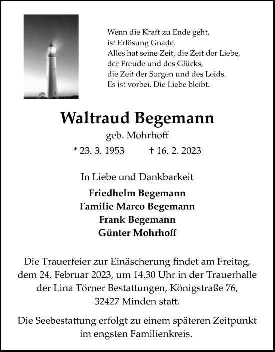 Anzeige von Waltraud Begemann von Mindener Tageblatt