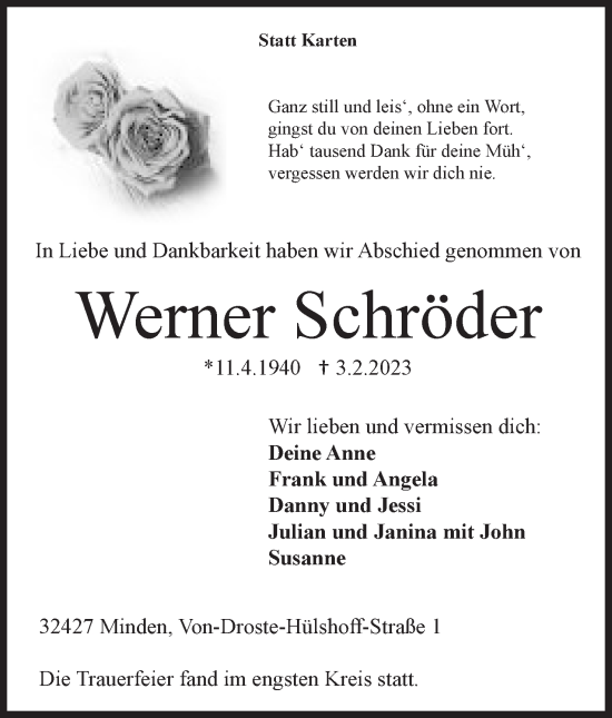 Anzeige von Werner Schröder von Mindener Tageblatt