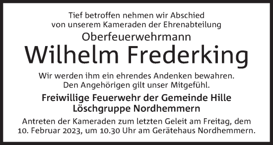 Anzeige von Wilhelm Frederking von Mindener Tageblatt