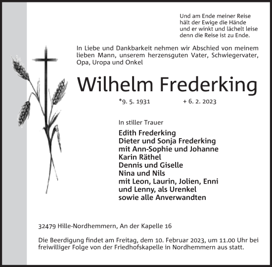 Anzeige von Wilhelm Frederking von Mindener Tageblatt