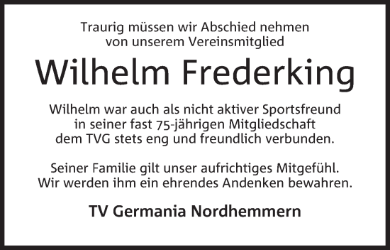 Anzeige von Wilhelm Frederking von Mindener Tageblatt