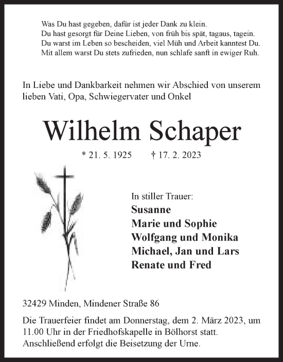 Anzeige von Wilhelm Schaper von Mindener Tageblatt