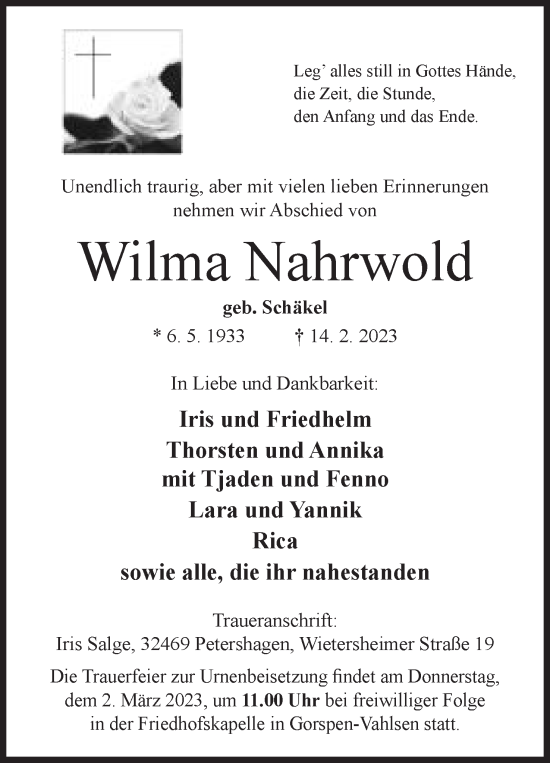 Anzeige von Wilma Nahrwold von Mindener Tageblatt