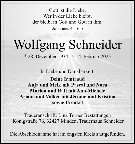 Anzeige von Wolfgang Schneider von Mindener Tageblatt