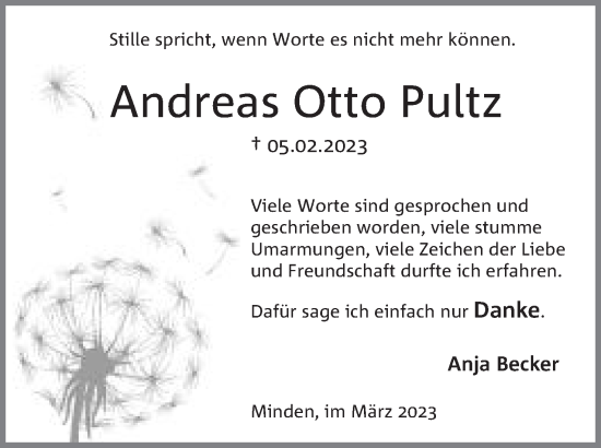 Anzeige von Andreas Otto Pultz von Mindener Tageblatt