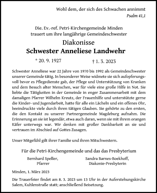 Anzeige von Anneliese Landwehr von Mindener Tageblatt