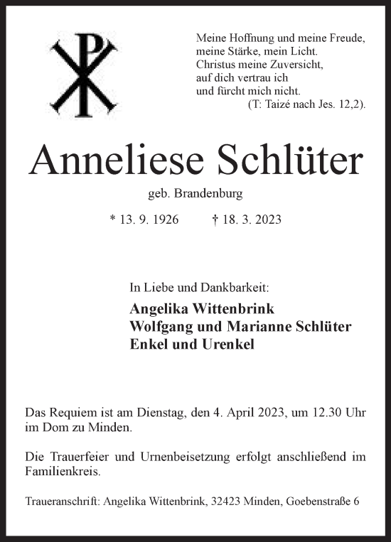 Anzeige von Anneliese Schlüter von Mindener Tageblatt