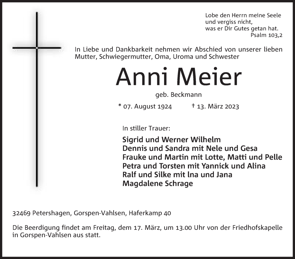  Traueranzeige für Anni Meier vom 15.03.2023 aus Mindener Tageblatt
