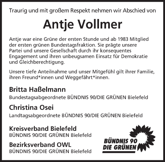Anzeige von Antje Vollmer von Mindener Tageblatt