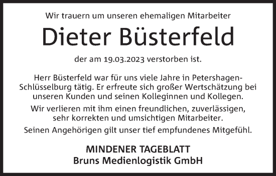 Anzeige von Dieter Büsterfeld von Mindener Tageblatt