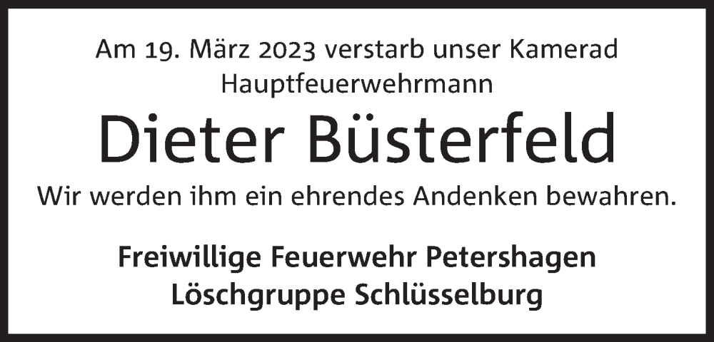  Traueranzeige für Dieter Büsterfeld vom 25.03.2023 aus Mindener Tageblatt