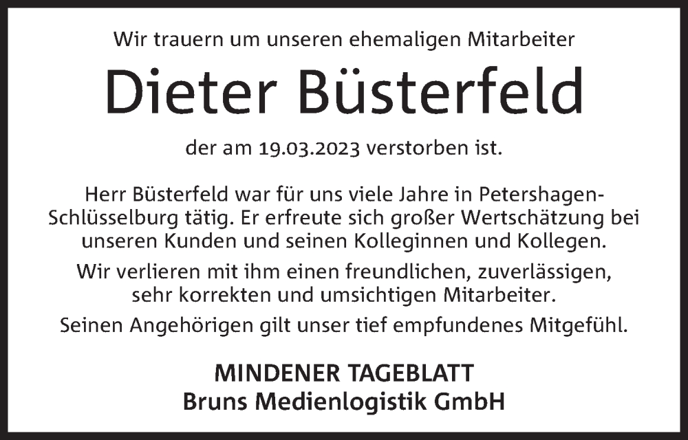 Traueranzeige für Dieter Büsterfeld vom 25.03.2023 aus Mindener Tageblatt