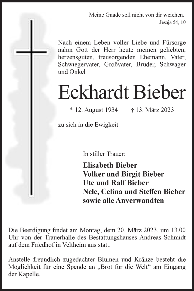  Traueranzeige für Eckhardt Bieber vom 15.03.2023 aus Mindener Tageblatt