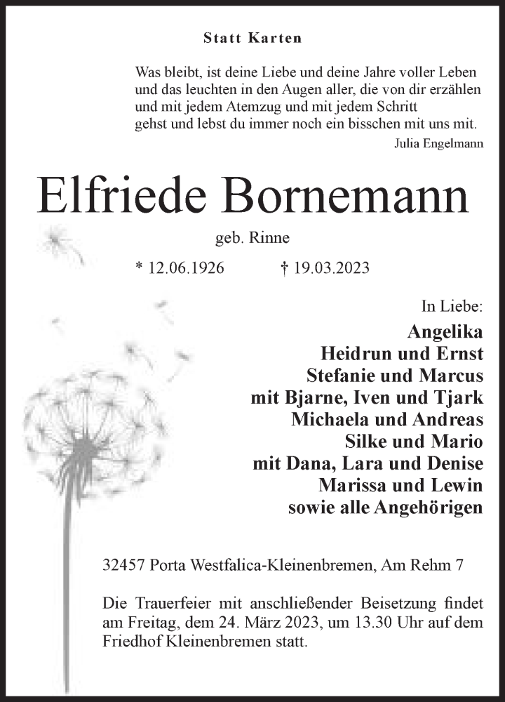  Traueranzeige für Elfriede Bornemann vom 21.03.2023 aus Mindener Tageblatt