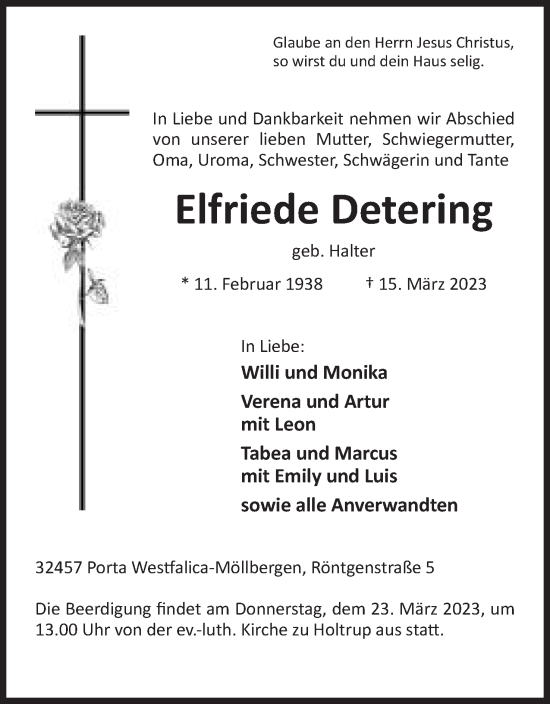 Anzeige von Elfriede Detering von Mindener Tageblatt