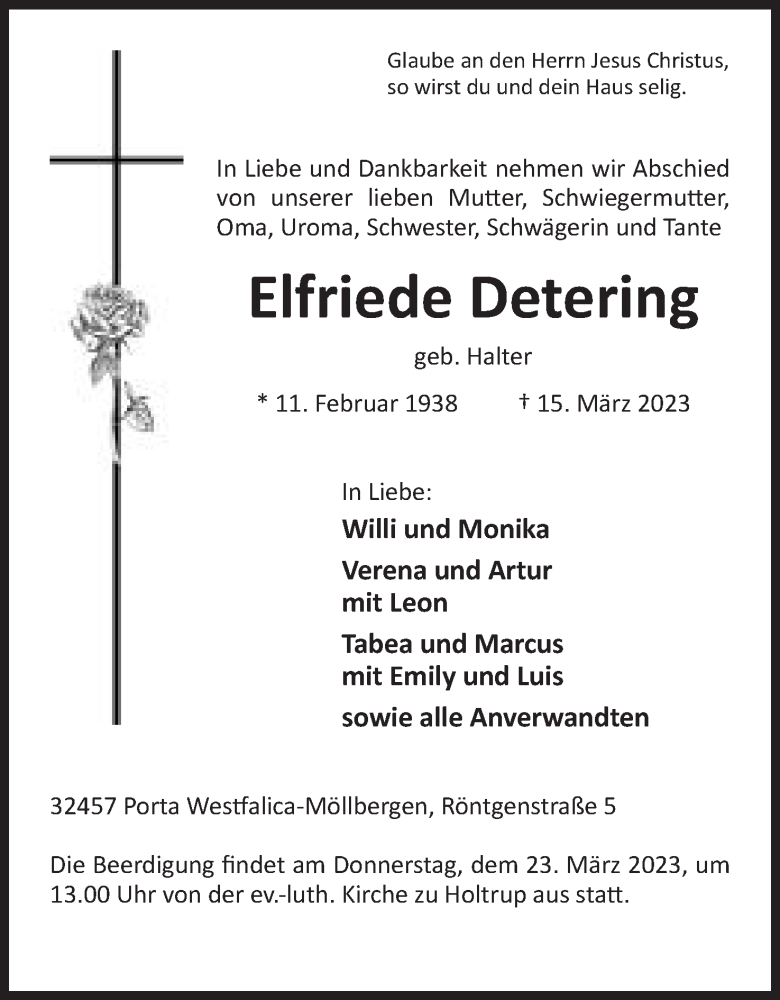  Traueranzeige für Elfriede Detering vom 18.03.2023 aus Mindener Tageblatt