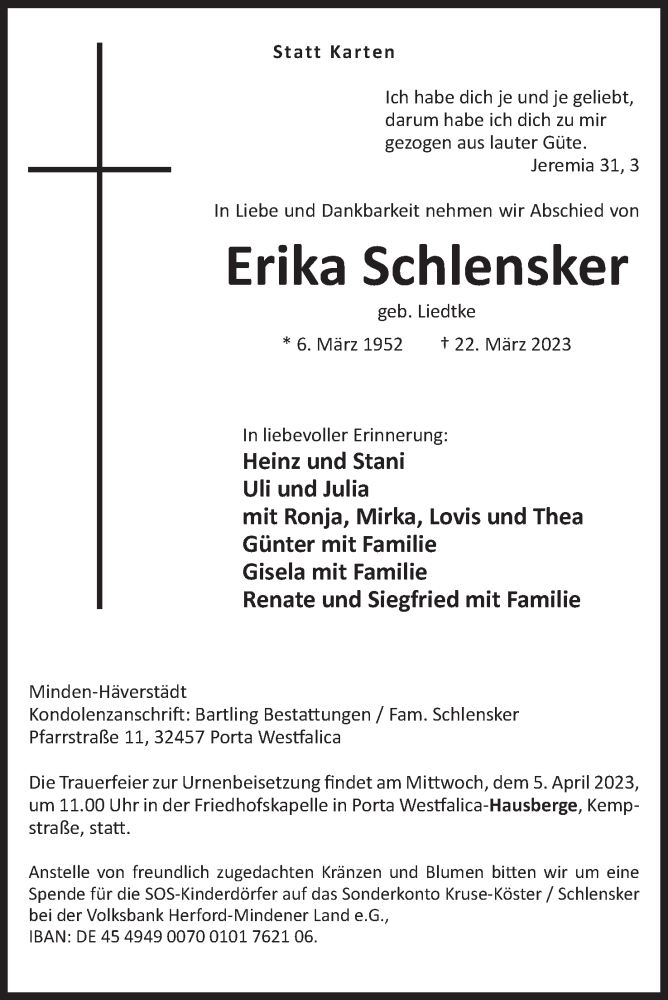  Traueranzeige für Erika Schlensker vom 29.03.2023 aus Mindener Tageblatt