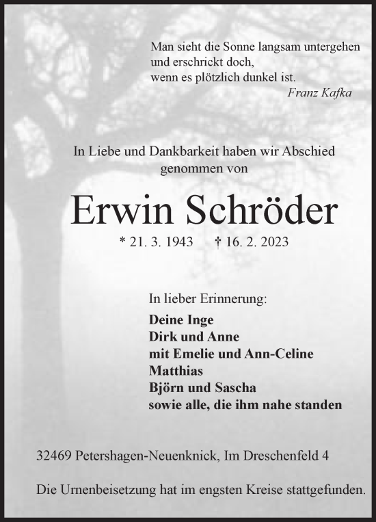 Anzeige von Erwin Schröder von Mindener Tageblatt