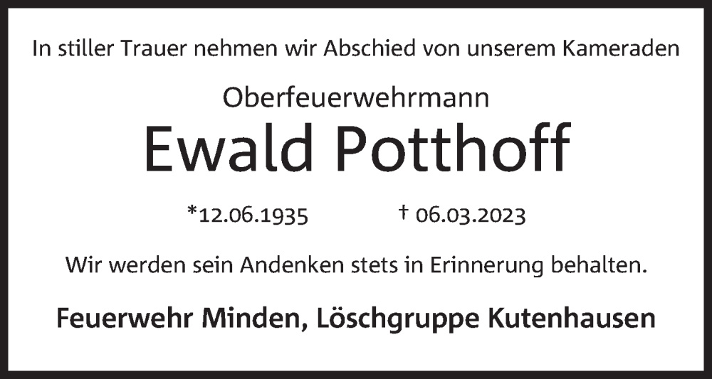  Traueranzeige für Ewald Potthoff vom 18.03.2023 aus Mindener Tageblatt