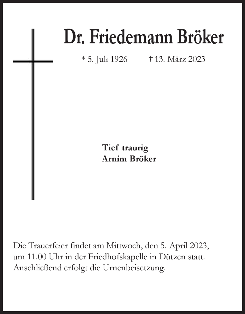  Traueranzeige für Friedemann Bröker vom 25.03.2023 aus Mindener Tageblatt
