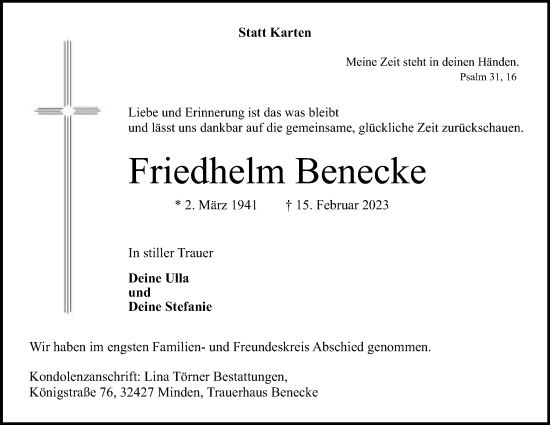 Anzeige von Friedhelm Benecke von Mindener Tageblatt