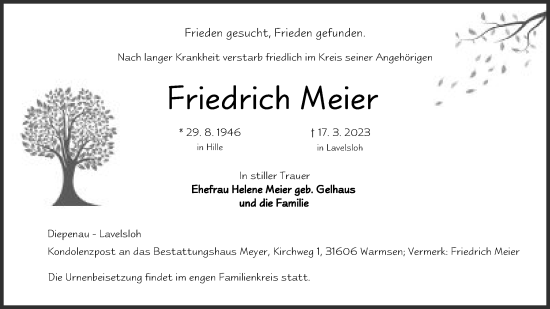 Anzeige von Friedrich Meier von Mindener Tageblatt