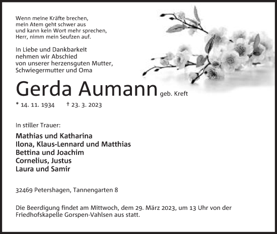 Anzeige von Gerda Aumann von Mindener Tageblatt