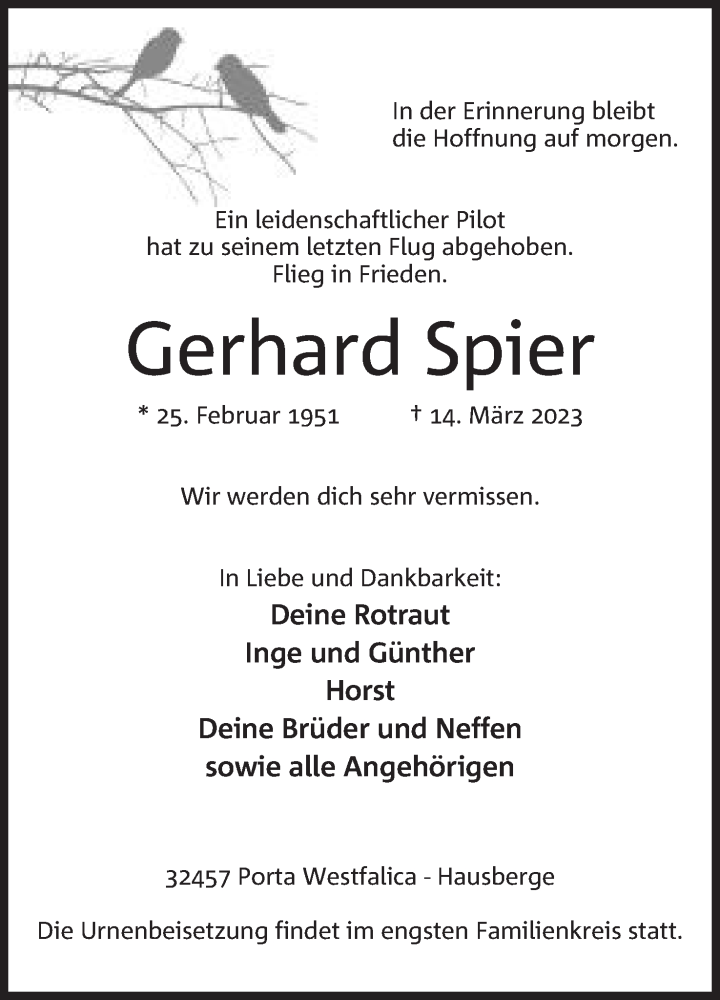  Traueranzeige für Gerhard Spier vom 17.03.2023 aus Mindener Tageblatt
