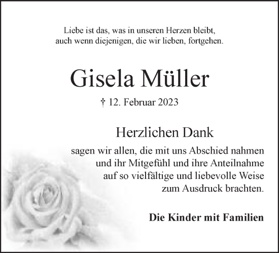 Anzeige von Gisela Müller von Mindener Tageblatt