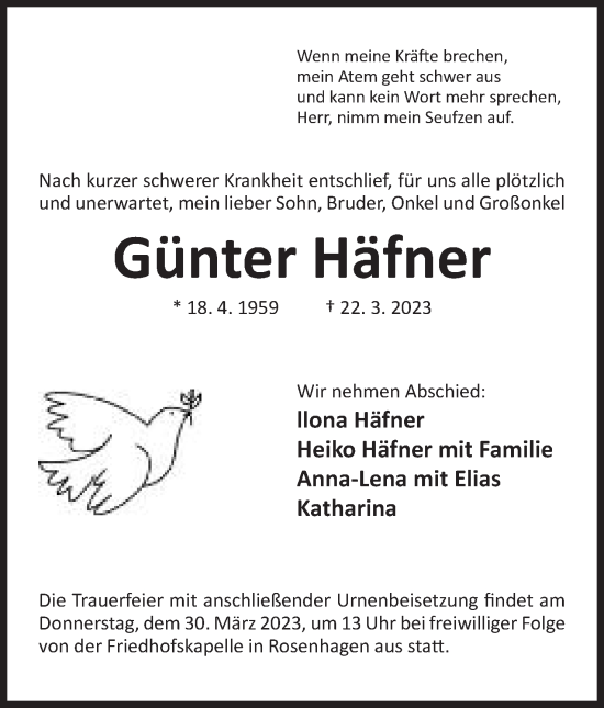 Anzeige von Günter Häfner von Mindener Tageblatt