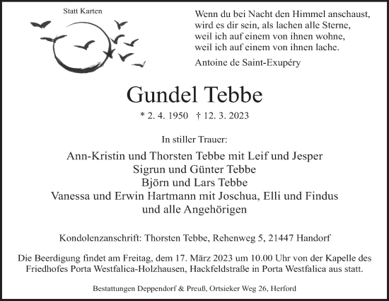 Anzeige von Gundel Tebbe von Mindener Tageblatt