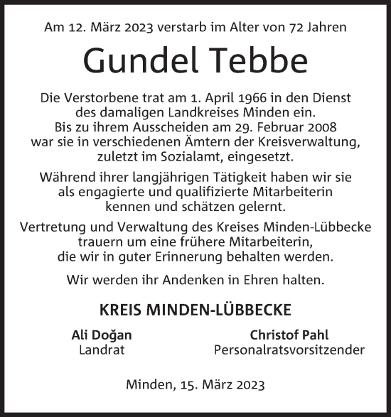 Anzeige von Gundel Tebbe von Mindener Tageblatt